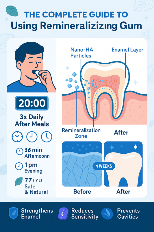 Infographic showing 3-step remineralizing gum protocol: 20-minute chewing timer, nano-hydroxyapatite filling tooth enamel cracks, and before-after tooth comparison