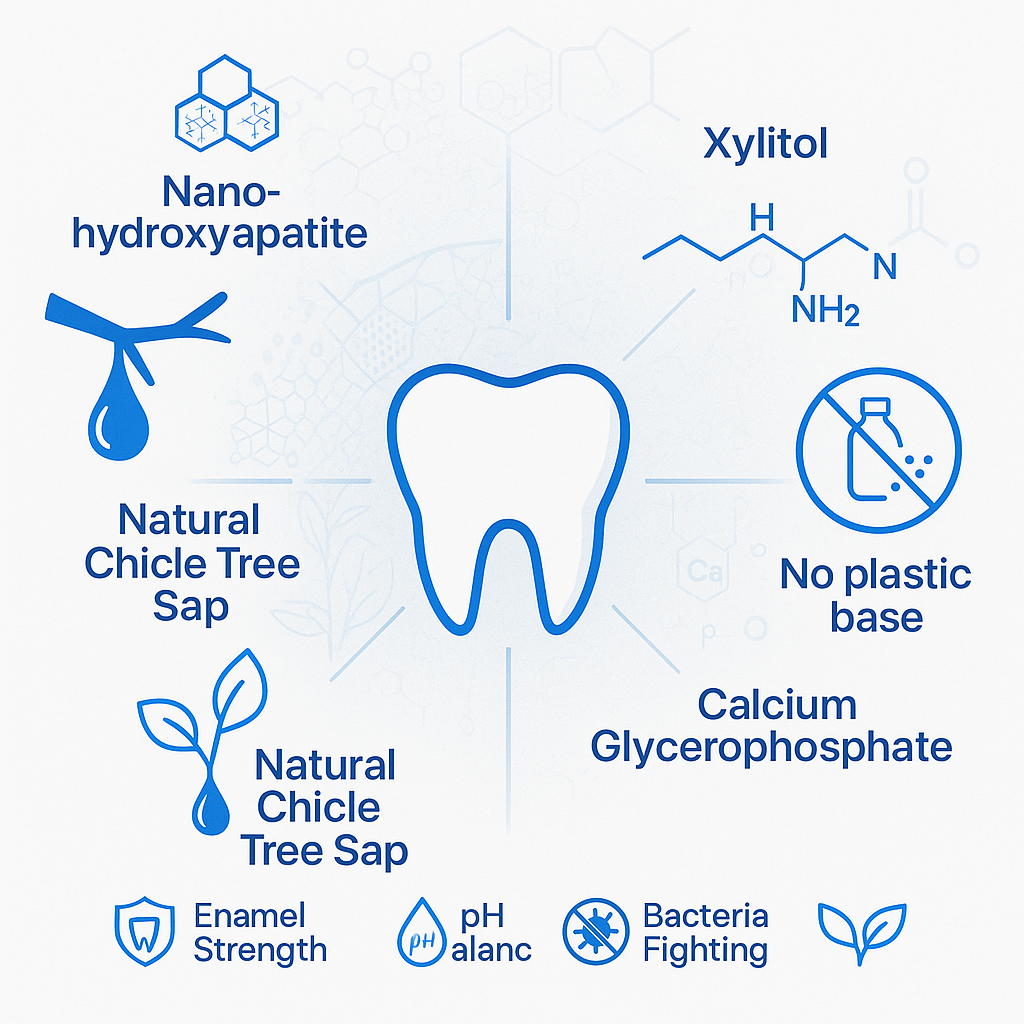 Enamio remineralizing gum ingredients display showing nano-hydroxyapatite, chicle, xylitol, and natural ingredients