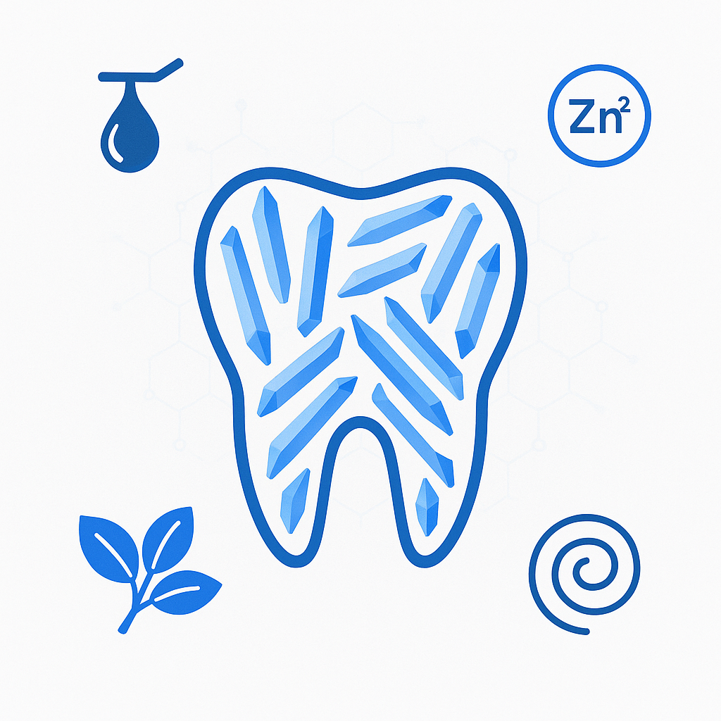 White gum pieces releasing rod-shaped nano-hydroxyapatite crystals onto a stylized enamel surface, with mint leaves; clean, clinical hero in Enamio brand palette.