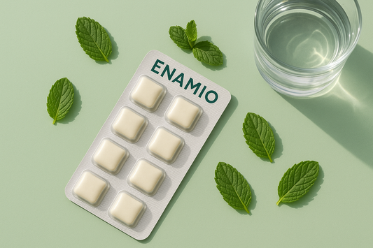 Enamio nano hydroxyapatite gum routine on a mint-green surface Tags: remineralization, enamel health, oral care, nano hydroxyapatite, chewing gum