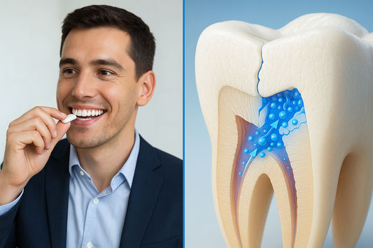 Professional woman with bright white smile chewing Enamio nano hydroxyapatite remineralizing gum with scientific diagram showing microscopic enamel repair process and 20-nanometer particles penetrating tooth structure for optimal remineralization