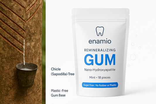 Chewing gum chicle tree — Enamio Remineralizing Gum in a plastic‑free chicle base with nano‑hydroxyapatite