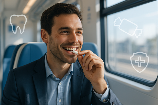 Person chewing the best chewing gum for teeth during a commute Tags: oral health, sugar-free gum, enamel repair, dental routine