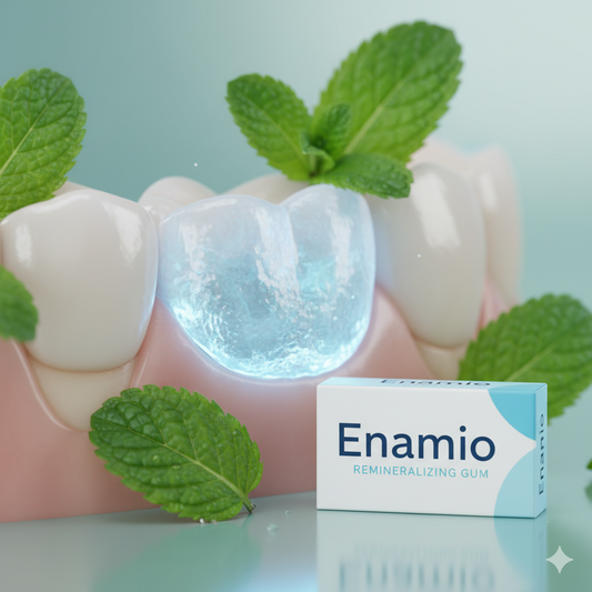 enamel remineralization routine with gum, mint leaves, and mineral glow Design Preset: minimal_theme