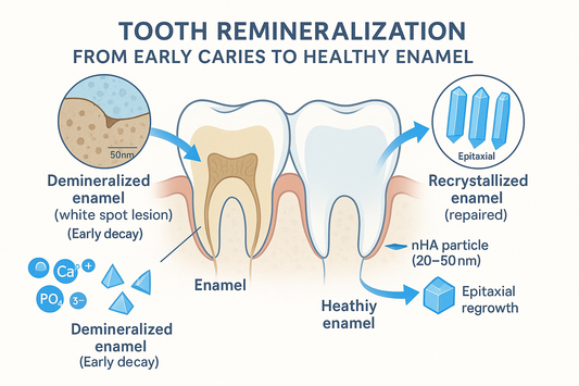 How to reverse cavities naturally showing tooth remineralization process with nano-hydroxyapatite minerals rebuilding enamel