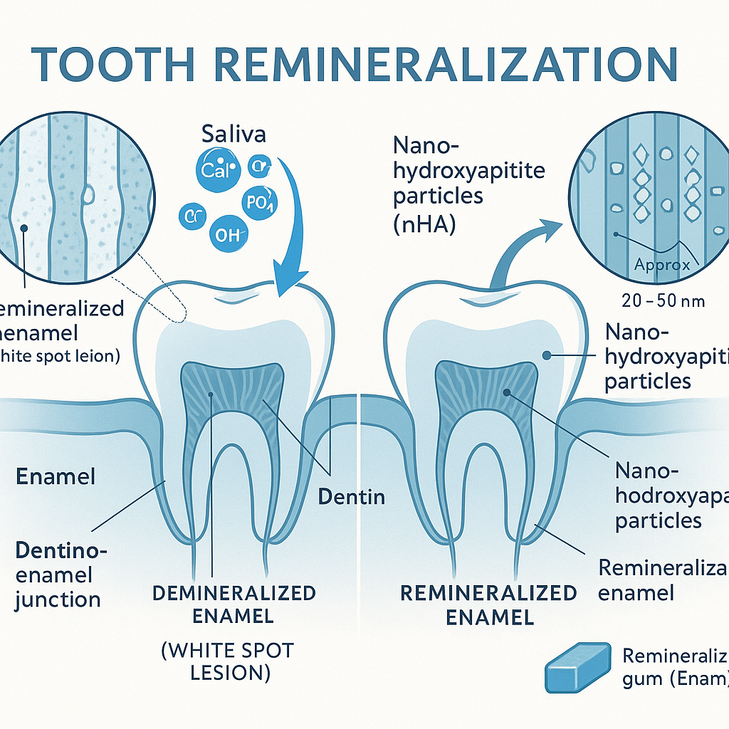 Can I remineralize a cavity diagram showing nano hydroxyapatite rebuilding tooth enamel