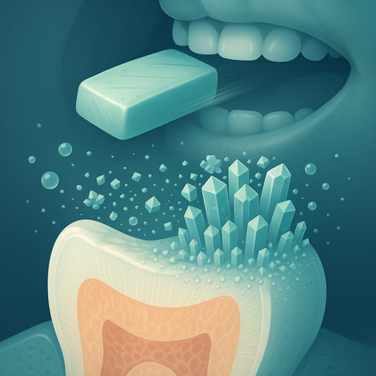 Illustration showing the best gum for remineralization rebuilding enamel crystals