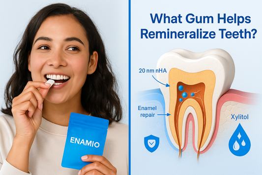 Person chewing Enamio nano-hydroxyapatite remineralizing gum for stronger teeth and enamel repair
