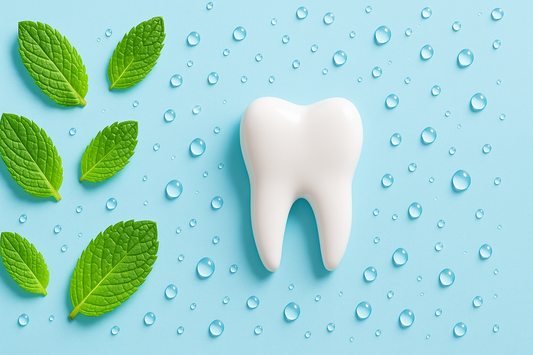 xylitol gum hero with mint leaves and enamel graphic
