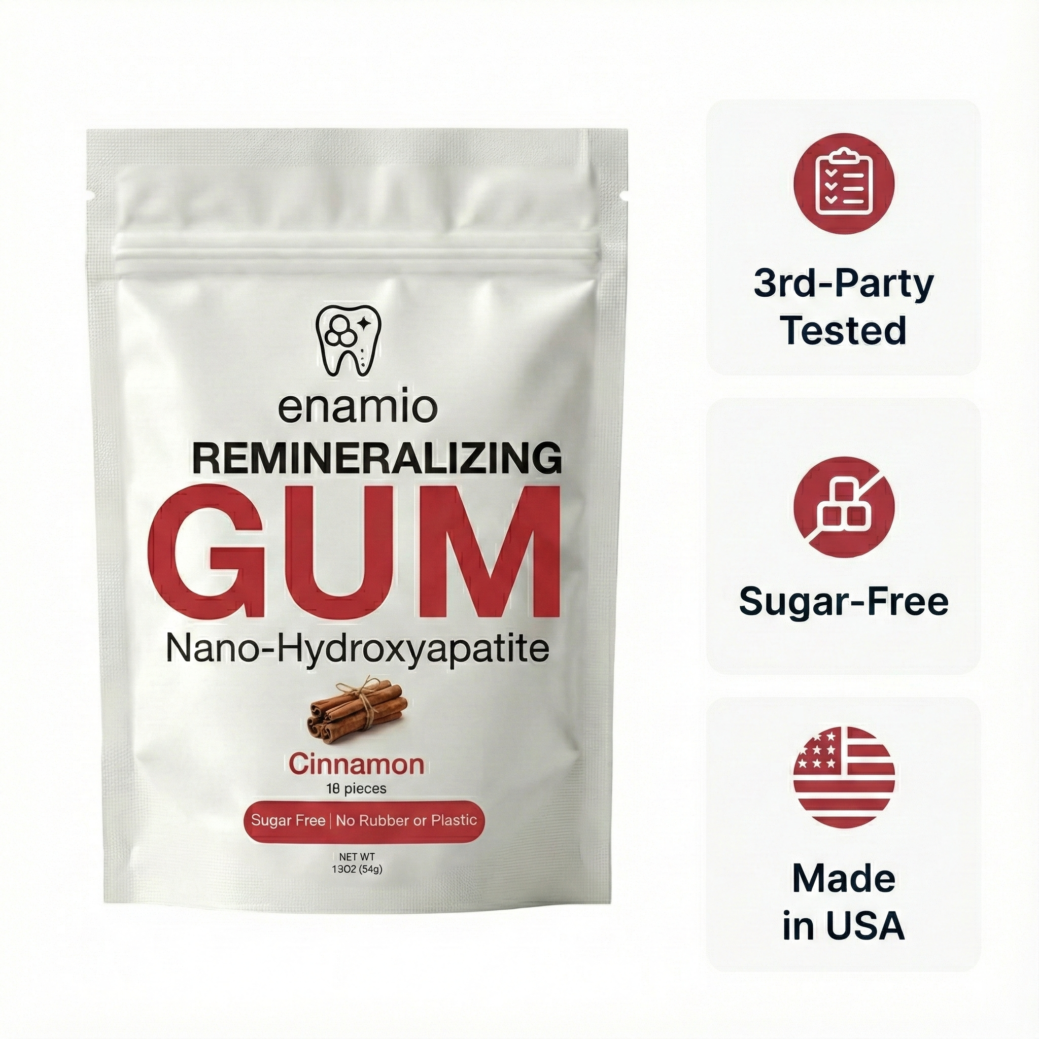 Packaging of enamio remineralizing gum with features listed on a white background