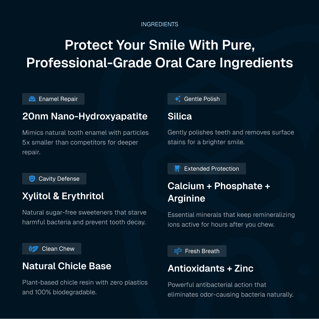 List of ingredients for pure, professional-grade oral care on a dark background