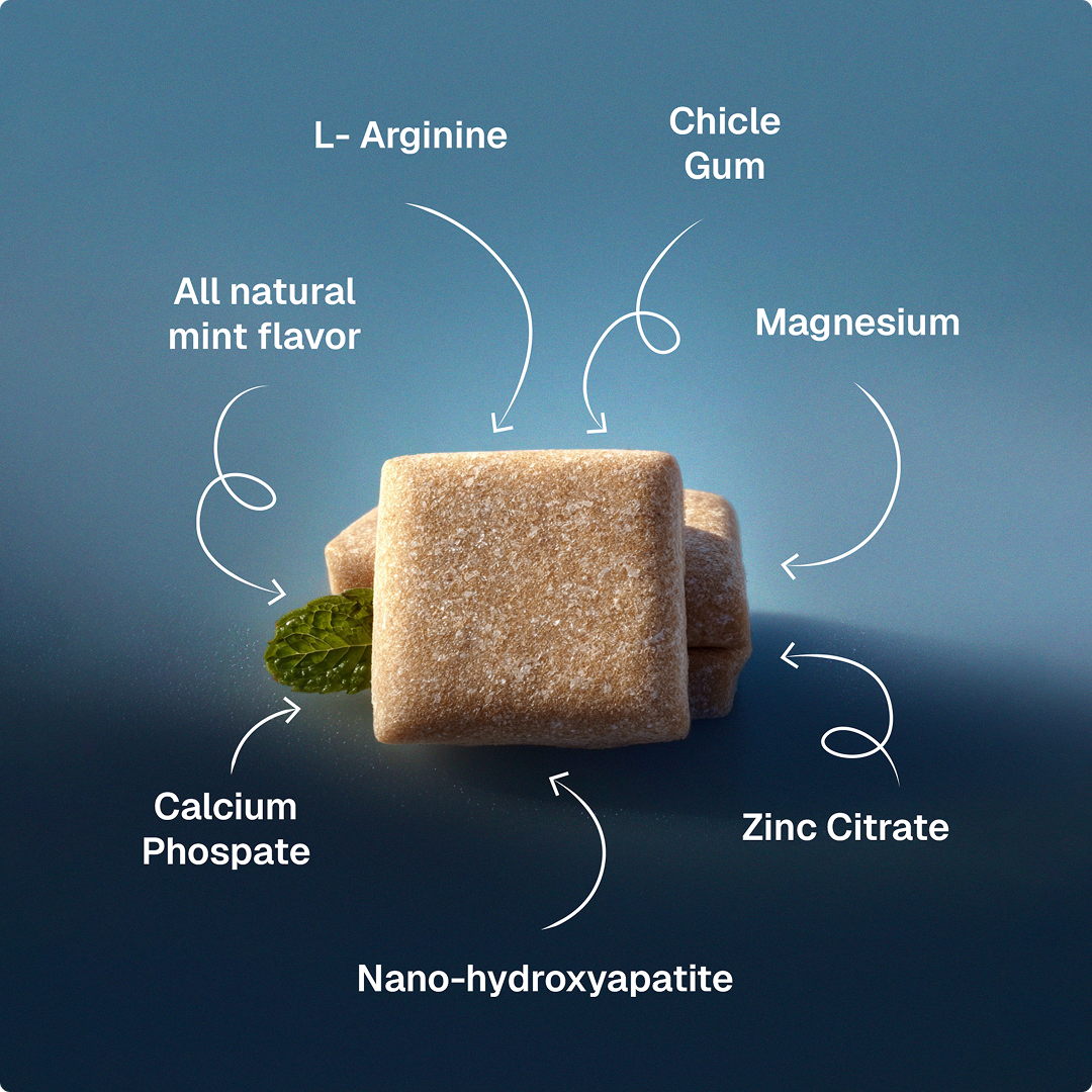 Brown square candy with health benefits labeled on a blue background
