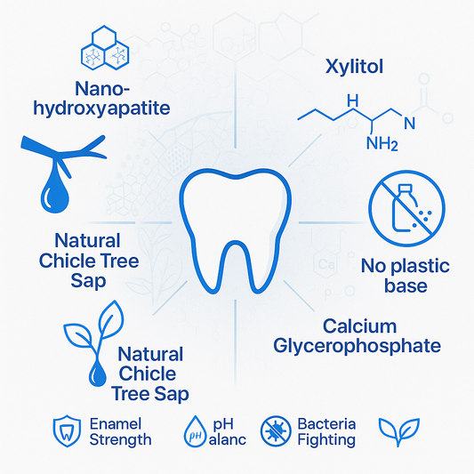 Enamio remineralizing gum ingredients display showing nano-hydroxyapatite, chicle, xylitol, and natural ingredients