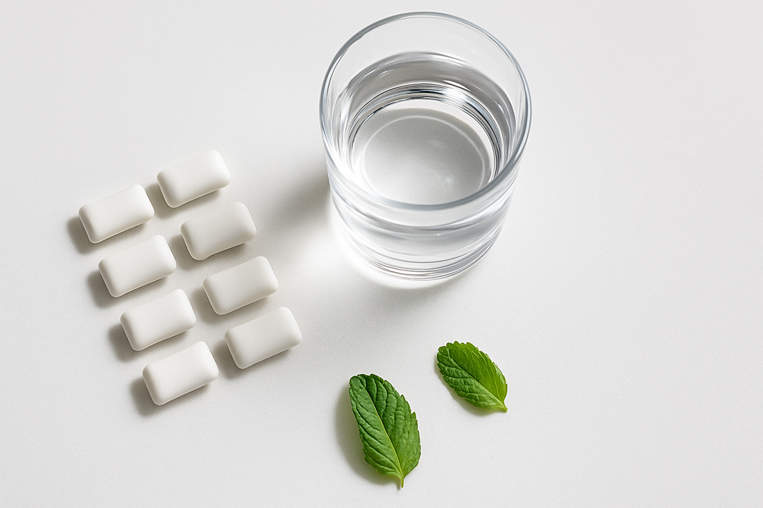 Best xylitol gum for teeth with a glass of water on a clean counter