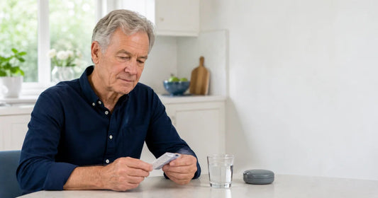 Older adult reviewing chewing gum choices beside a denture case and water.