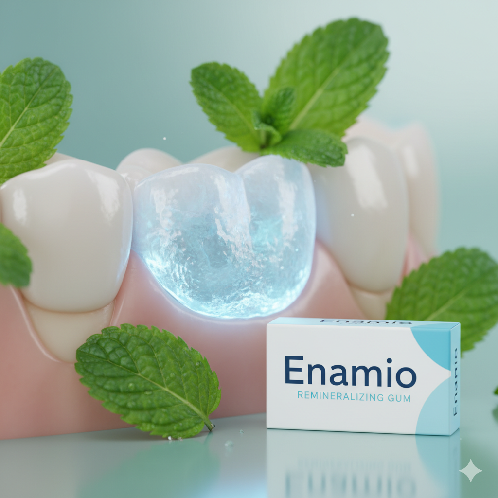  enamel remineralization routine with gum, mint leaves, and mineral glow Design Preset: minimal_theme