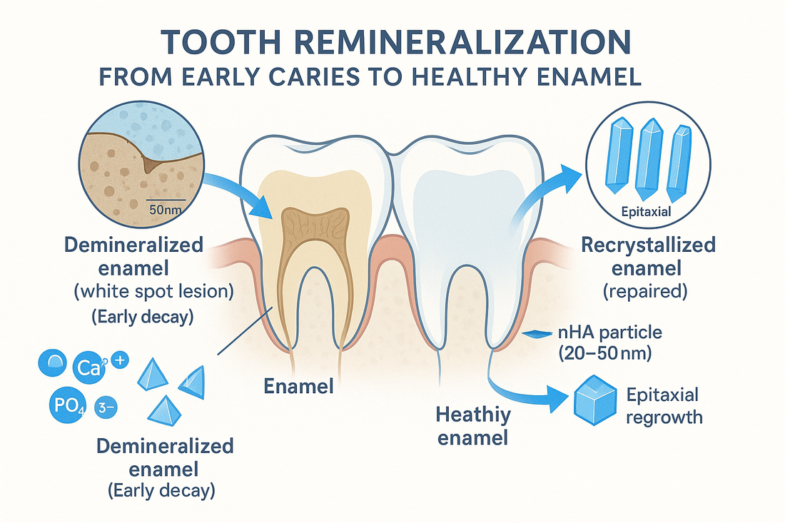 How to reverse cavities naturally showing tooth remineralization process with nano-hydroxyapatite minerals rebuilding enamel