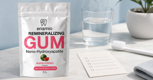 Enamio Watermelon Remineralizing Gum pouch beside a water glass, toothbrush, and blank ingredient checklist