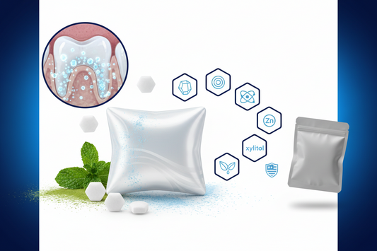 Enamio and Larineco gum comparison with 20 nm nano-hydroxyapatite, active ingredient icons, and Enamio pouch