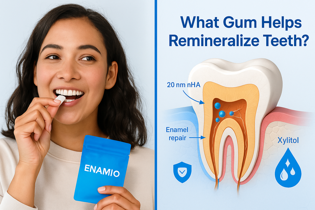 Person chewing Enamio nano-hydroxyapatite remineralizing gum for stronger teeth and enamel repair