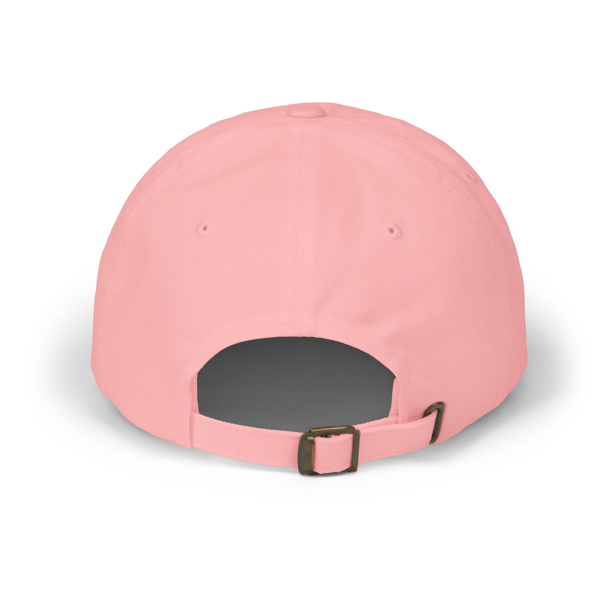 Pink baseball cap with a dark gray back and gold buckle on a white background