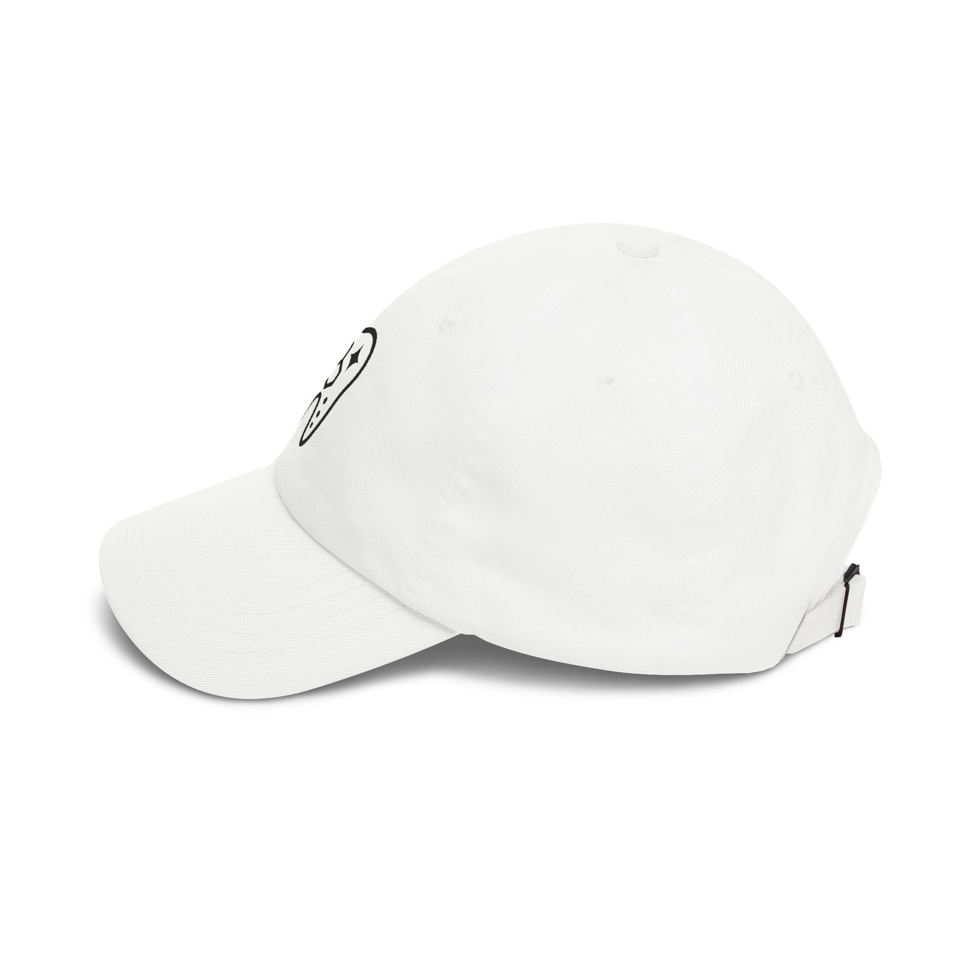 White baseball cap with a small logo on a white background