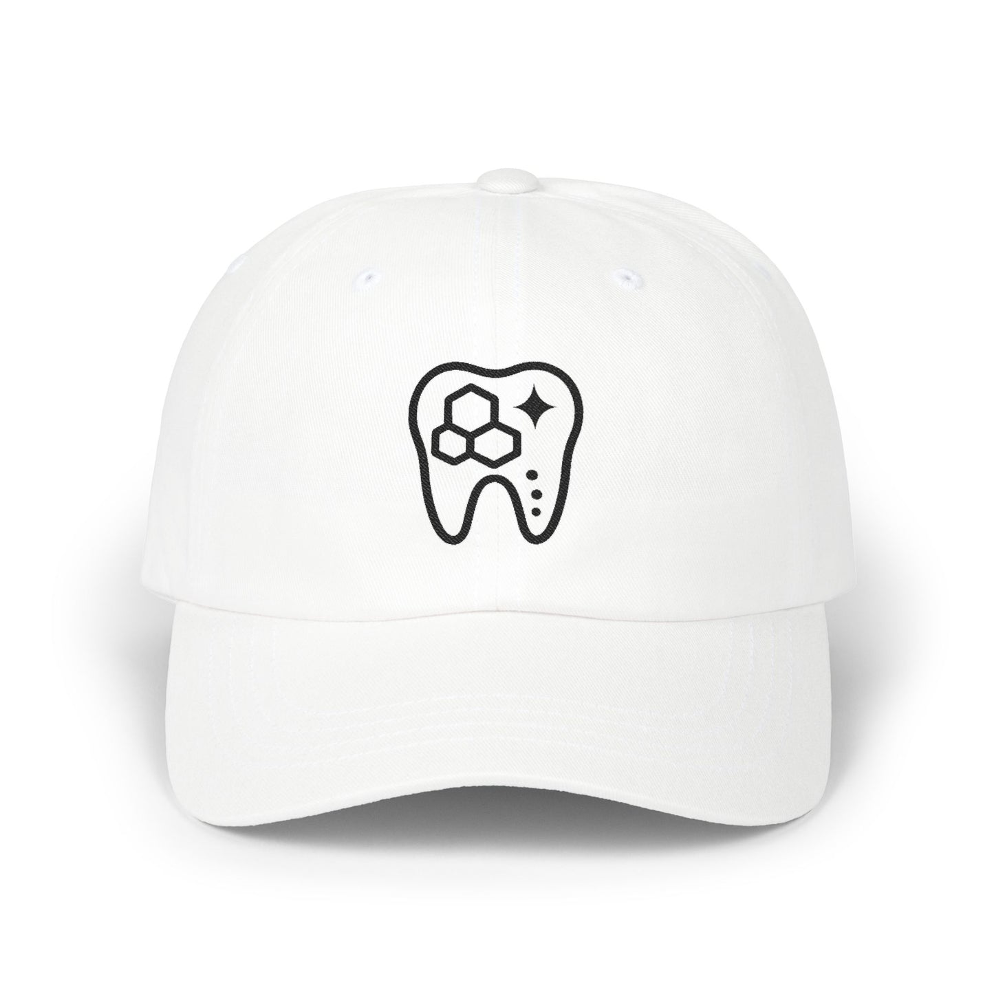 White baseball cap with a black tooth design on a white background