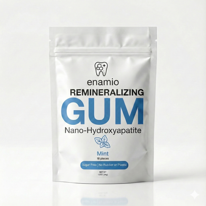 Enamio Mint remineralizing gum pouch with 20 nm nano-hydroxyapatite, USP xylitol, and chicle gum base