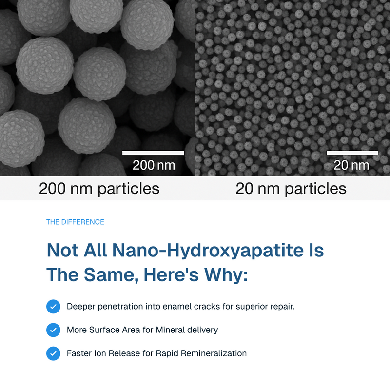 Comparison showing why 20nm nano-hydroxyapatite particles are more effective than larger 200nm particles