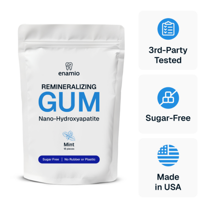 Enamio remineralizing gum: Mint, Berry, and Cinnamon pouches with 20 nm nano-hydroxyapatite and chicle gum base