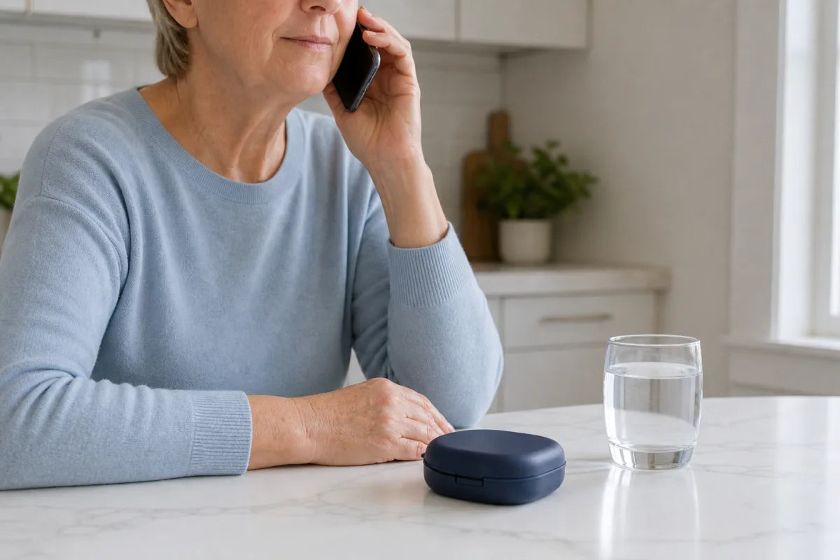 Older adult calling a dental office beside a closed denture case and water