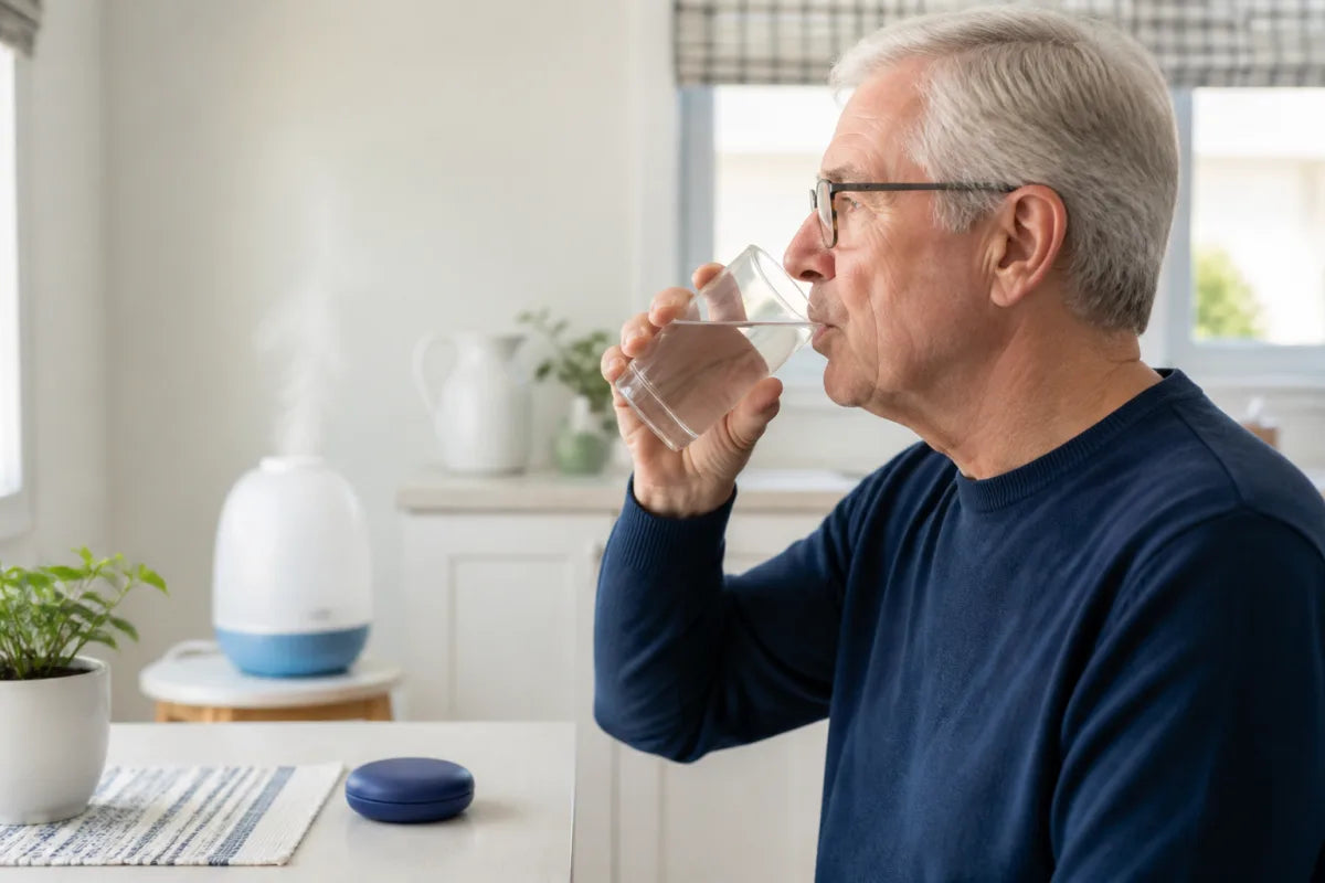 Older adult drinking water beside a closed denture case for dry-mouth comfort