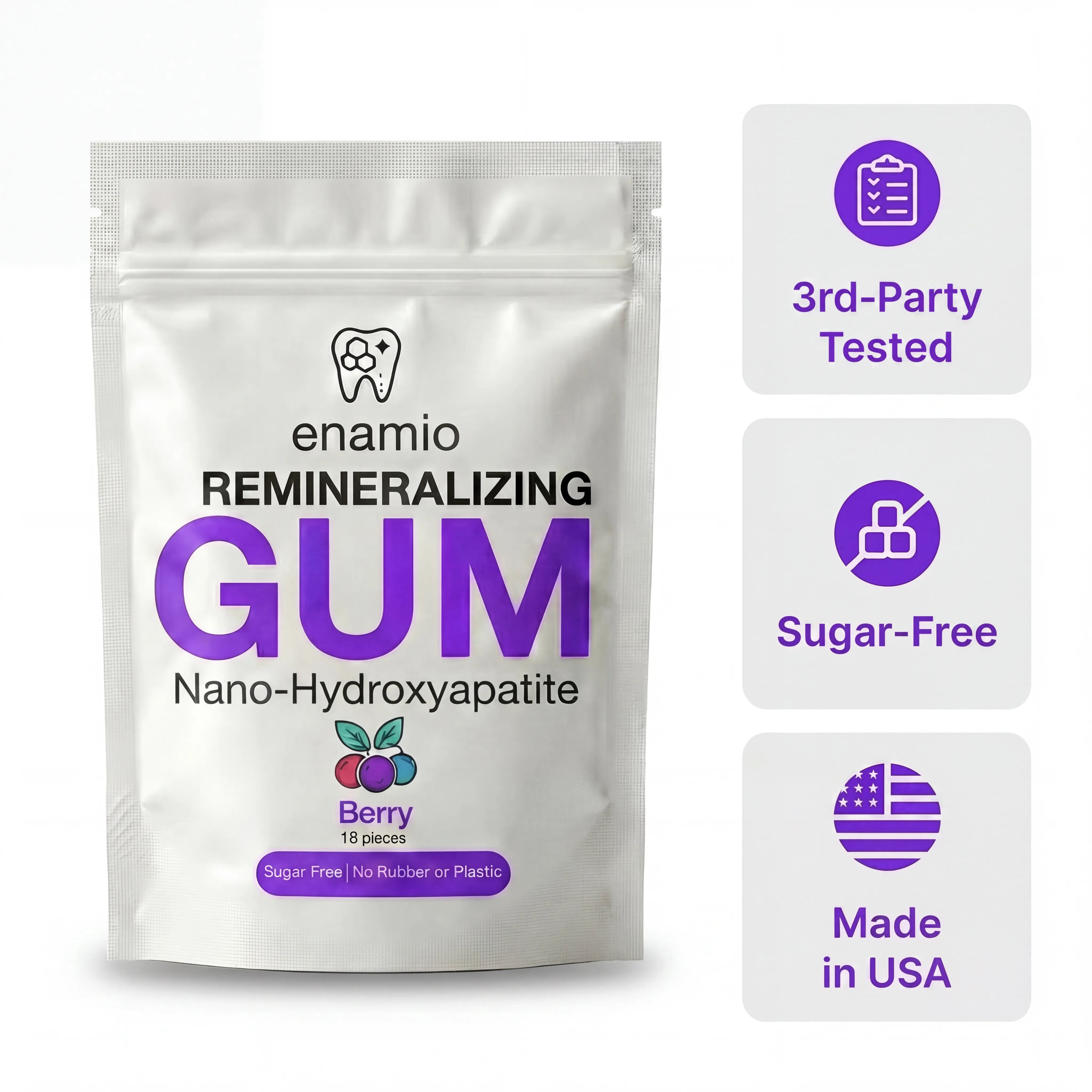 Packaging of enamio Remineralizing Gum with features highlighted on a white background