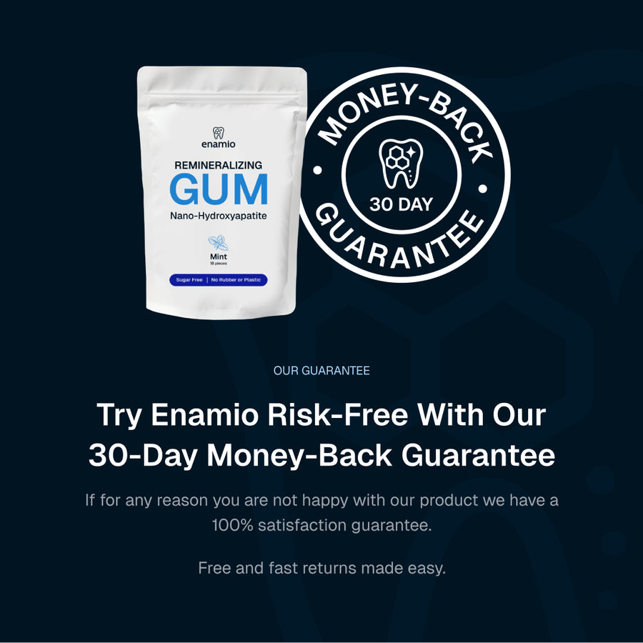 Enamio 30-day money-back guarantee graphic with the Mint gum pouch
