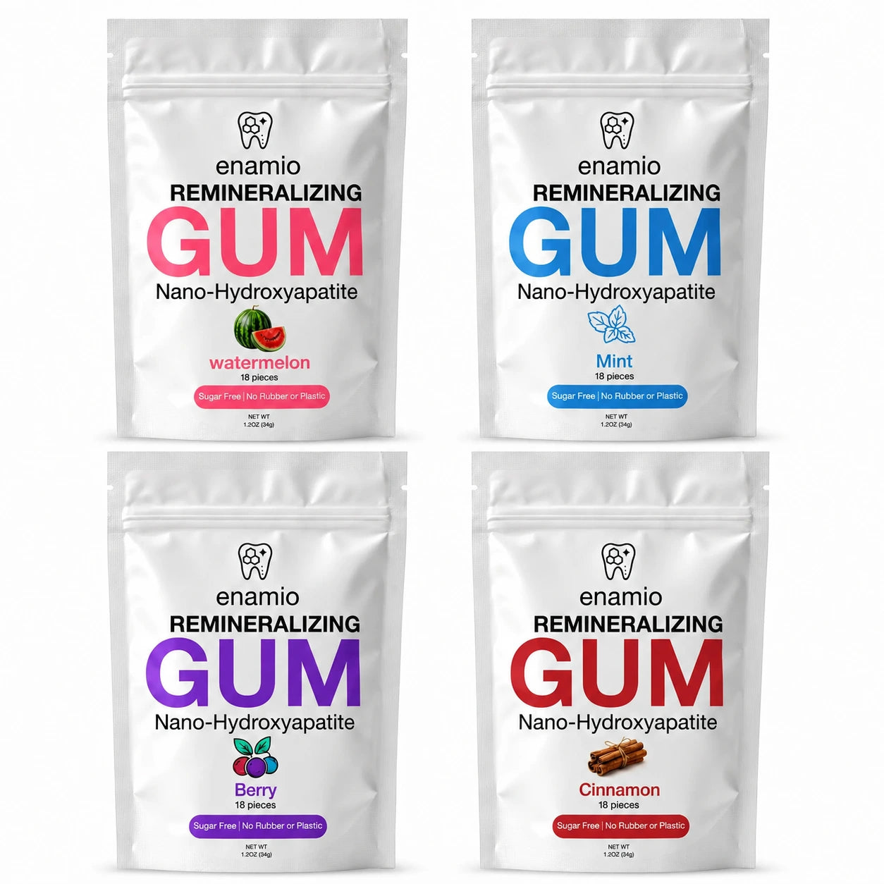 Enamio mint, berry, cinnamon, and watermelon remineralizing gum flavors