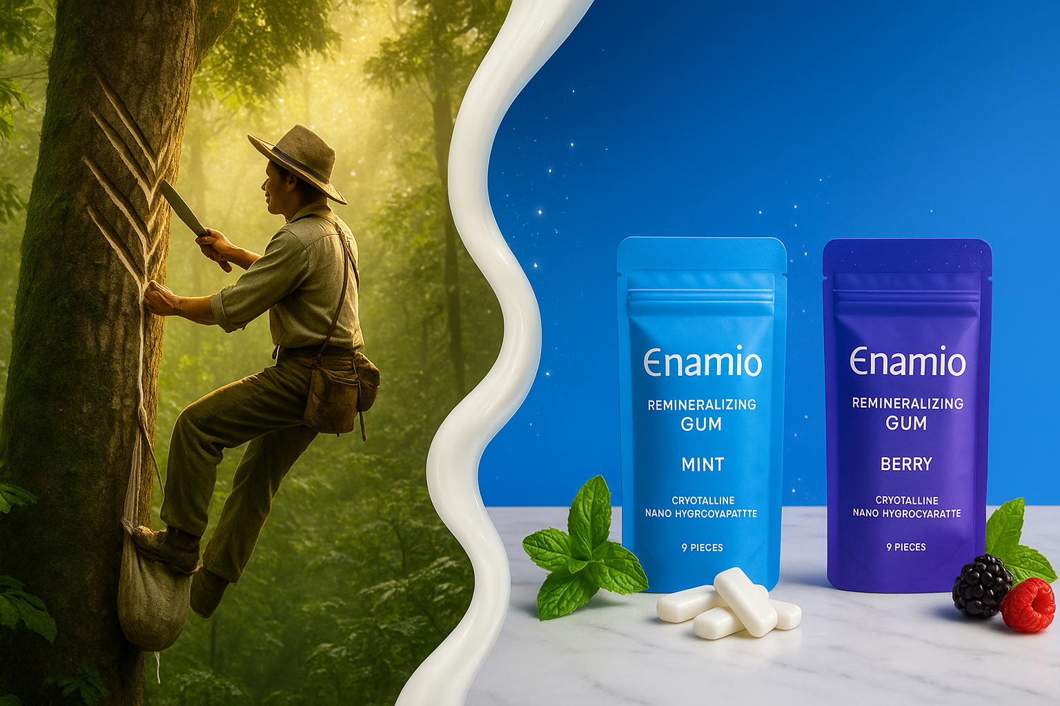 xylitol gum hero with mint leaves and enamel graphic