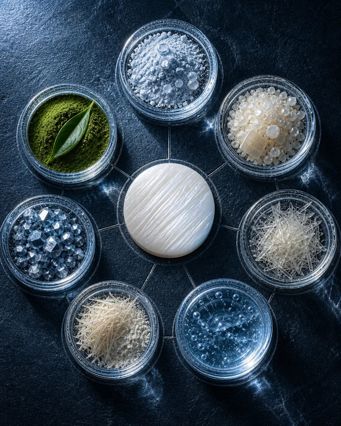 Seven ingredient specimens arranged around an enamel-like mineral surface