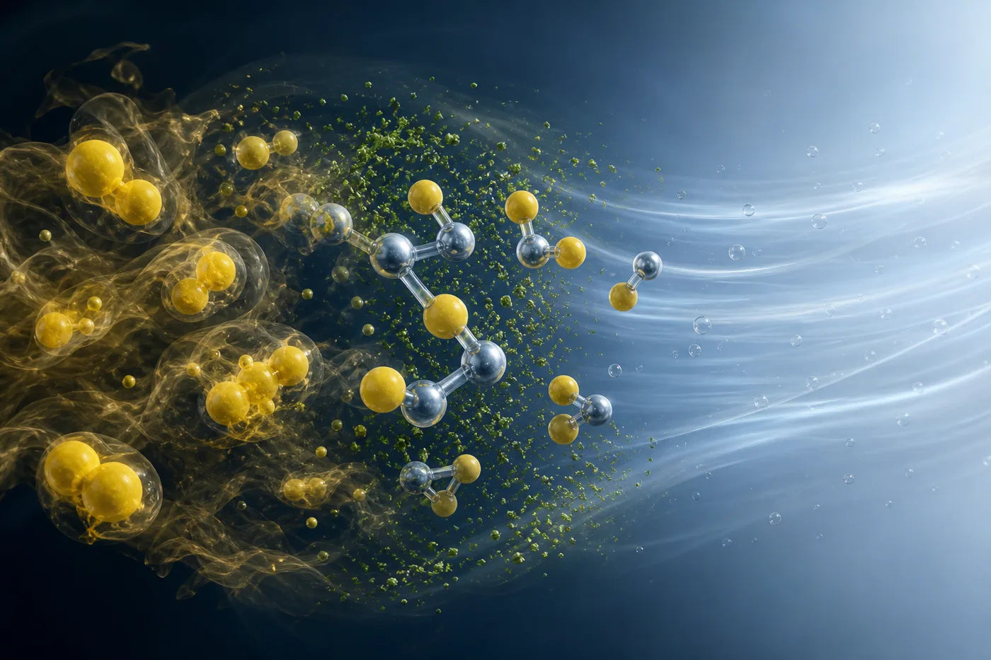 Zinc ions capturing yellow sulfur compounds and leaving clear airflow behind