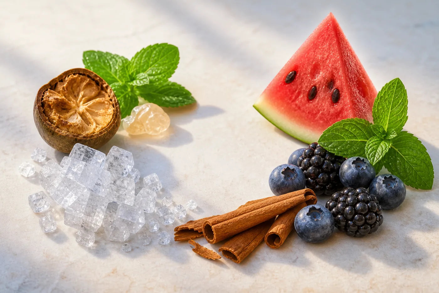 Xylitol crystals, monk fruit, mint, berries, cinnamon, and watermelon arranged as recognizable flavor sources