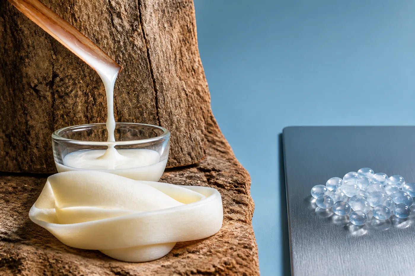 Natural chicle sap and gum base contrasted with glossy synthetic plastic pellets