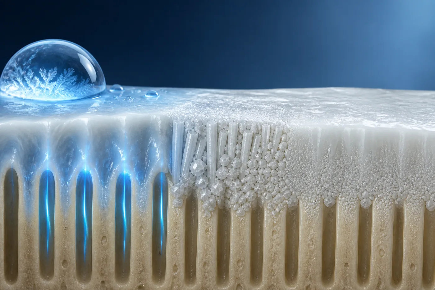 Mineral deposits sealing exposed channels that carry cold sensation into a tooth