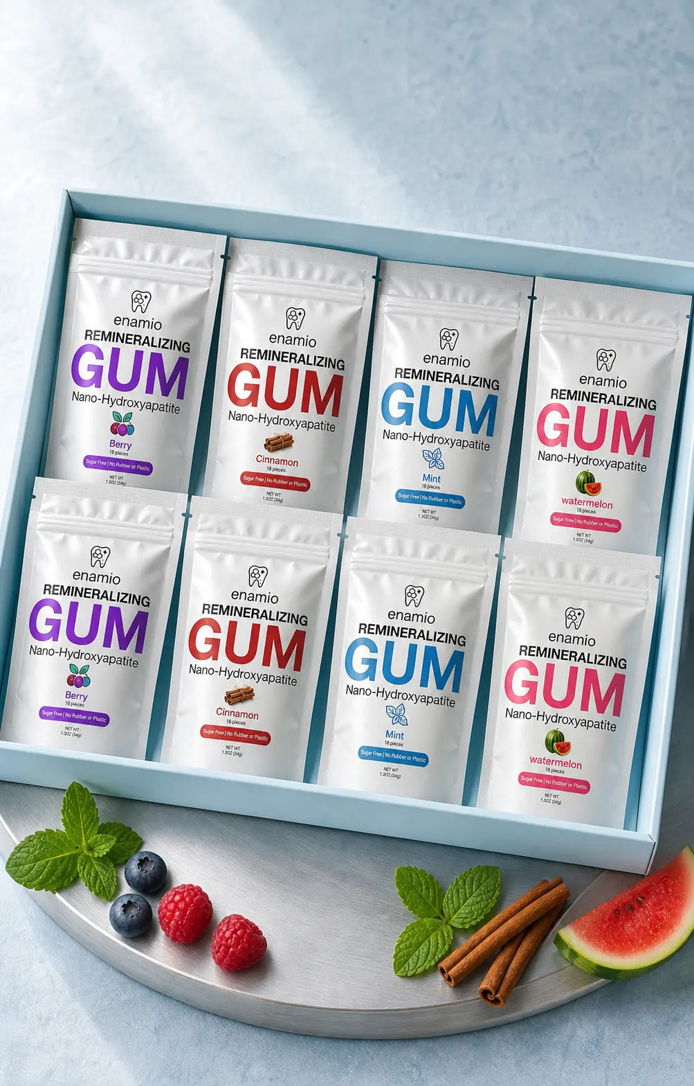 Eight Enamio pouches, two of every flavor